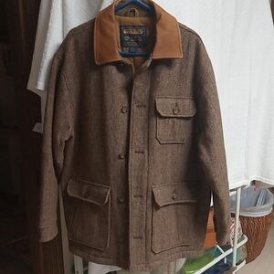 Vintage Woolrich Men's Tan and Brown Wool Blend And Leather Collar Coat/Jacket